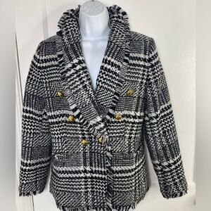Halogen Nordstrom Black and White Tweed Plaid Blazer Jacket W Gold Buttons